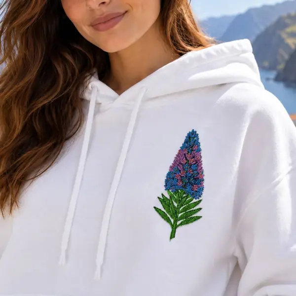 White hoodie embroidered with a pride of Madeira flower